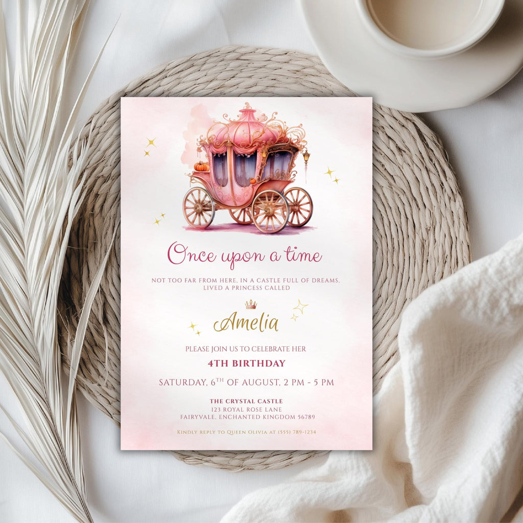 Watercolor Fairytale Princess Carriage Birthday Invitation
