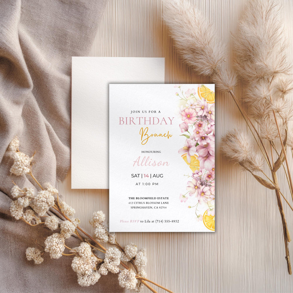 Watercolor Floral Citrus Birthday Brunch Invitation