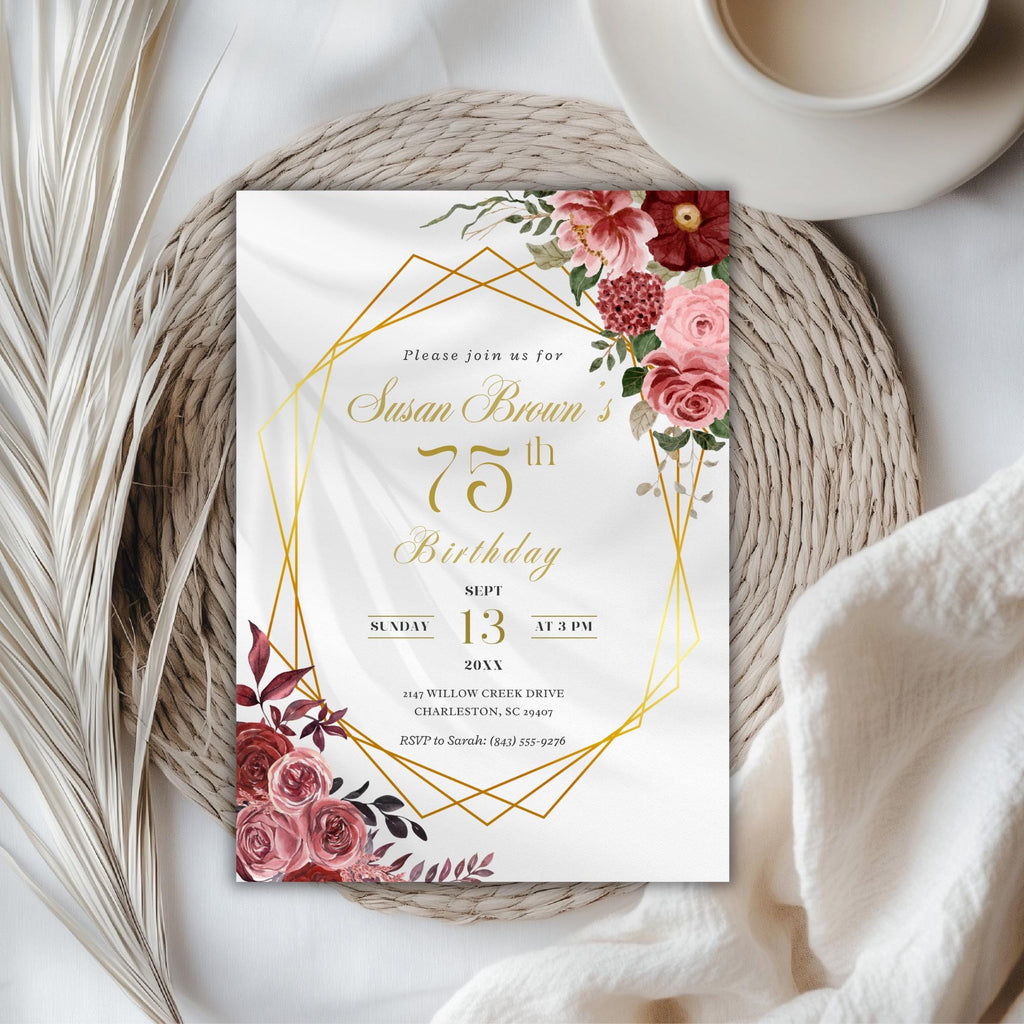 Elegant Gold Geometric Floral 75th Birthday Invitation
