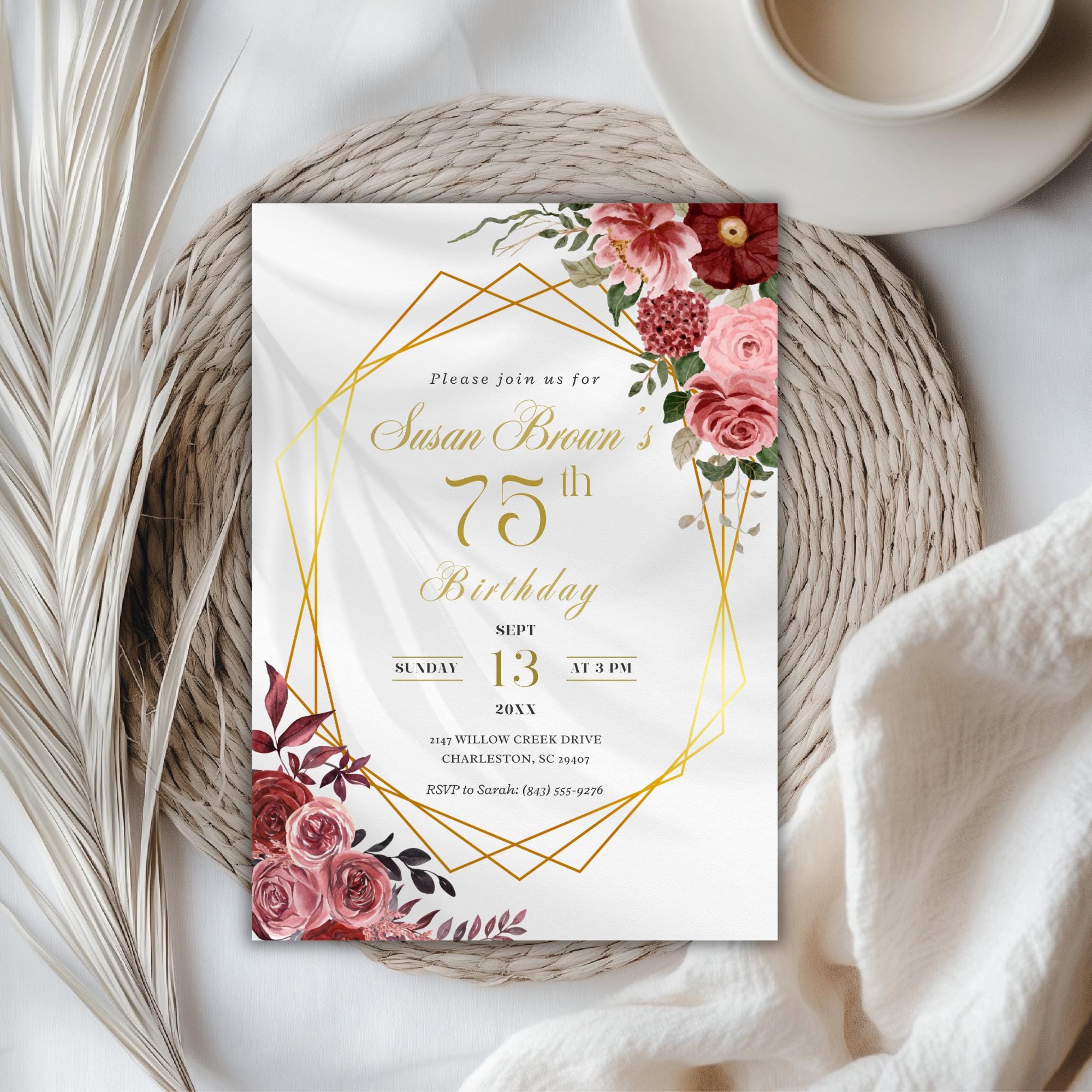 Elegant Gold Geometric Floral 75th Birthday Invitation