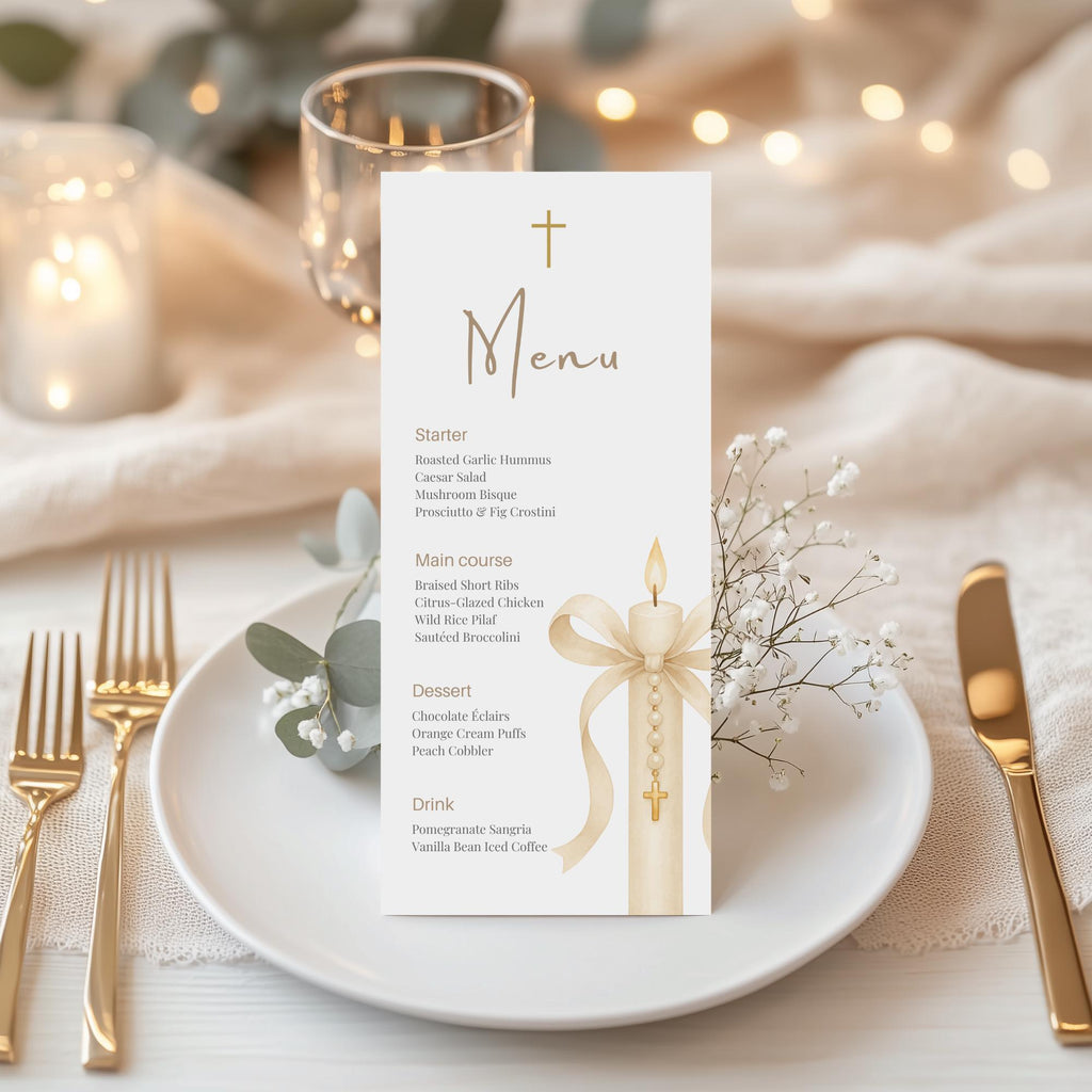 Gold Candle Baptism Menu Card