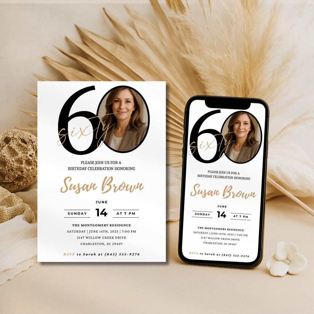Modern 60th Birthday Invitation with Photo Number