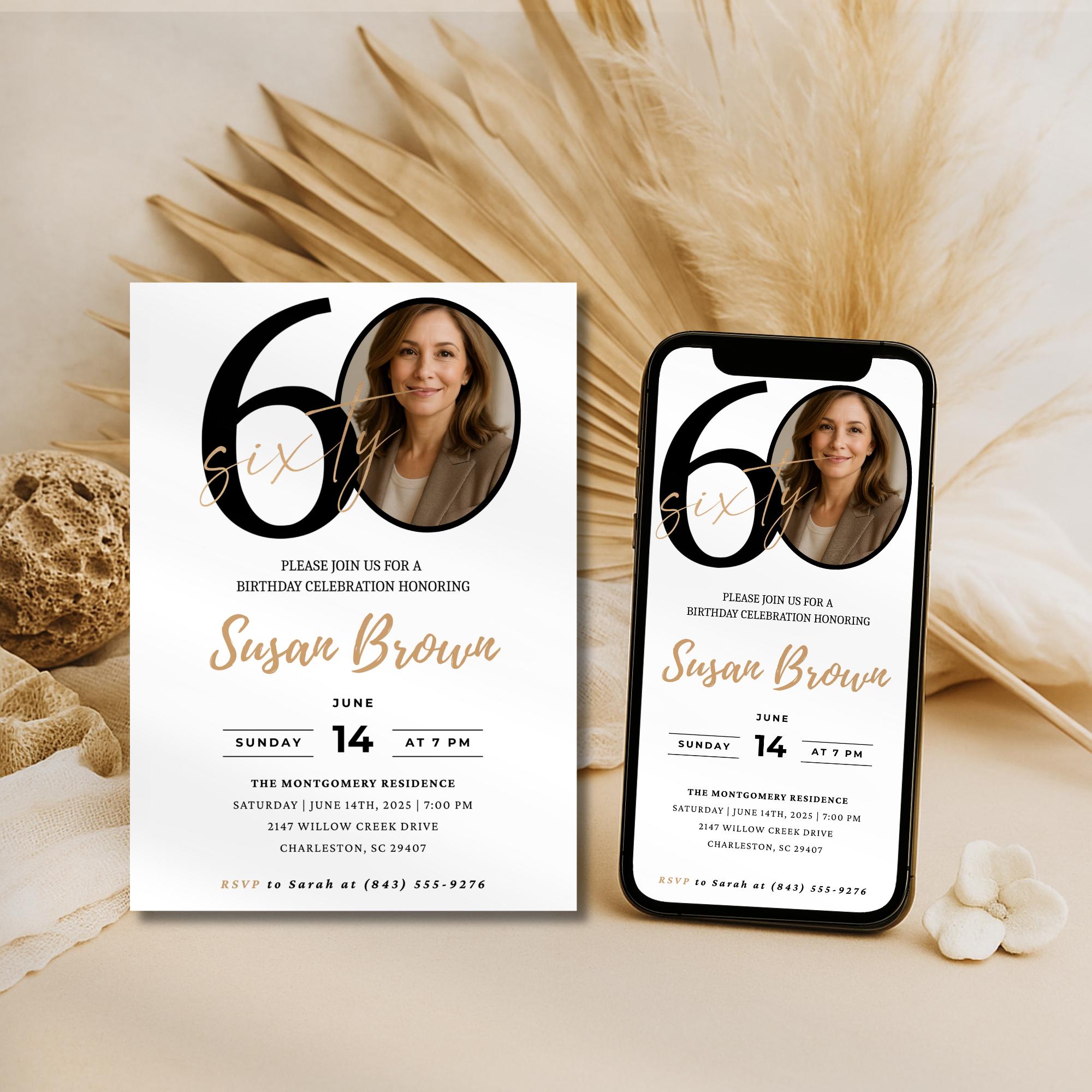 Modern 60th Birthday Invitation with Photo Number