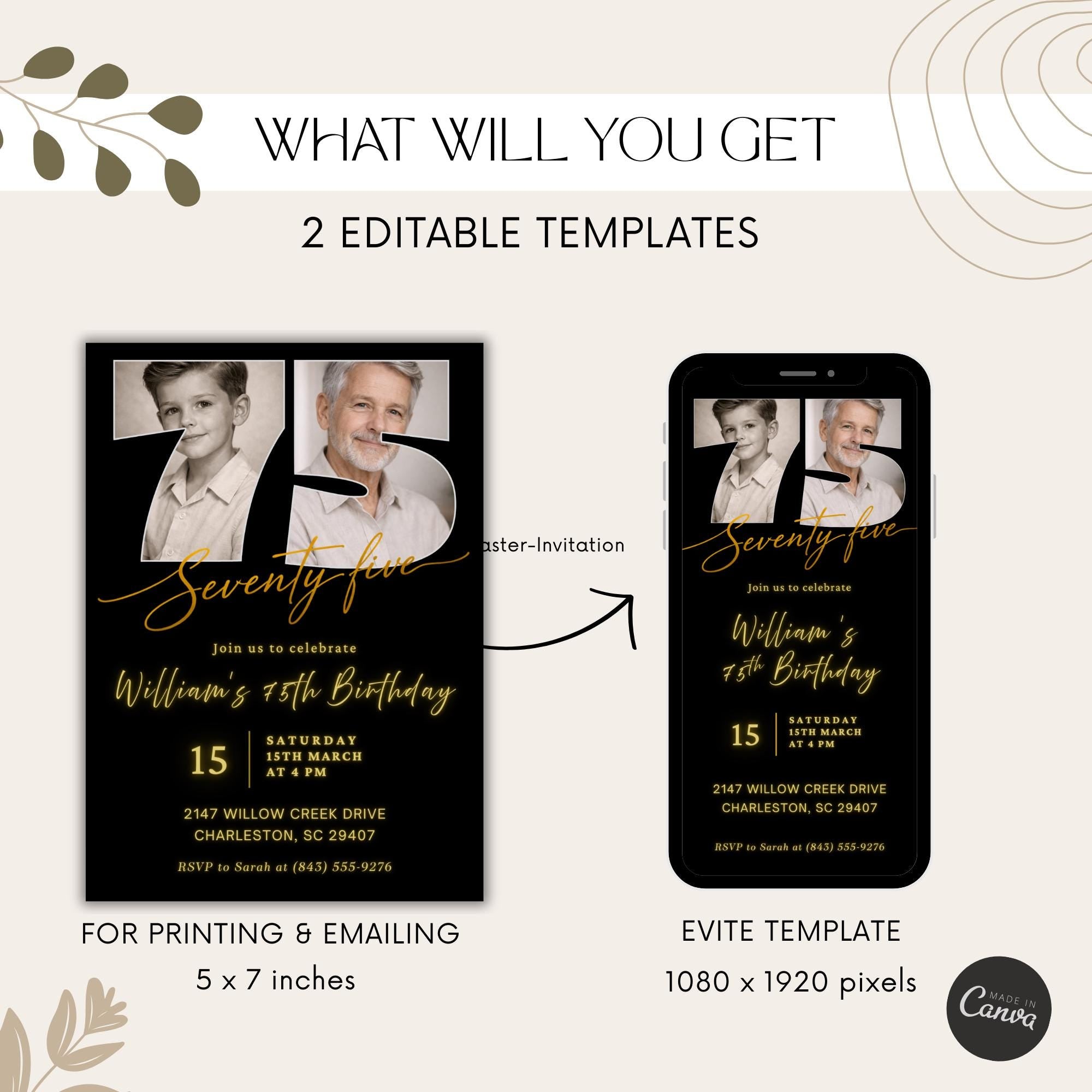 Black & Gold 75th Birthday Invitation with Photo Number