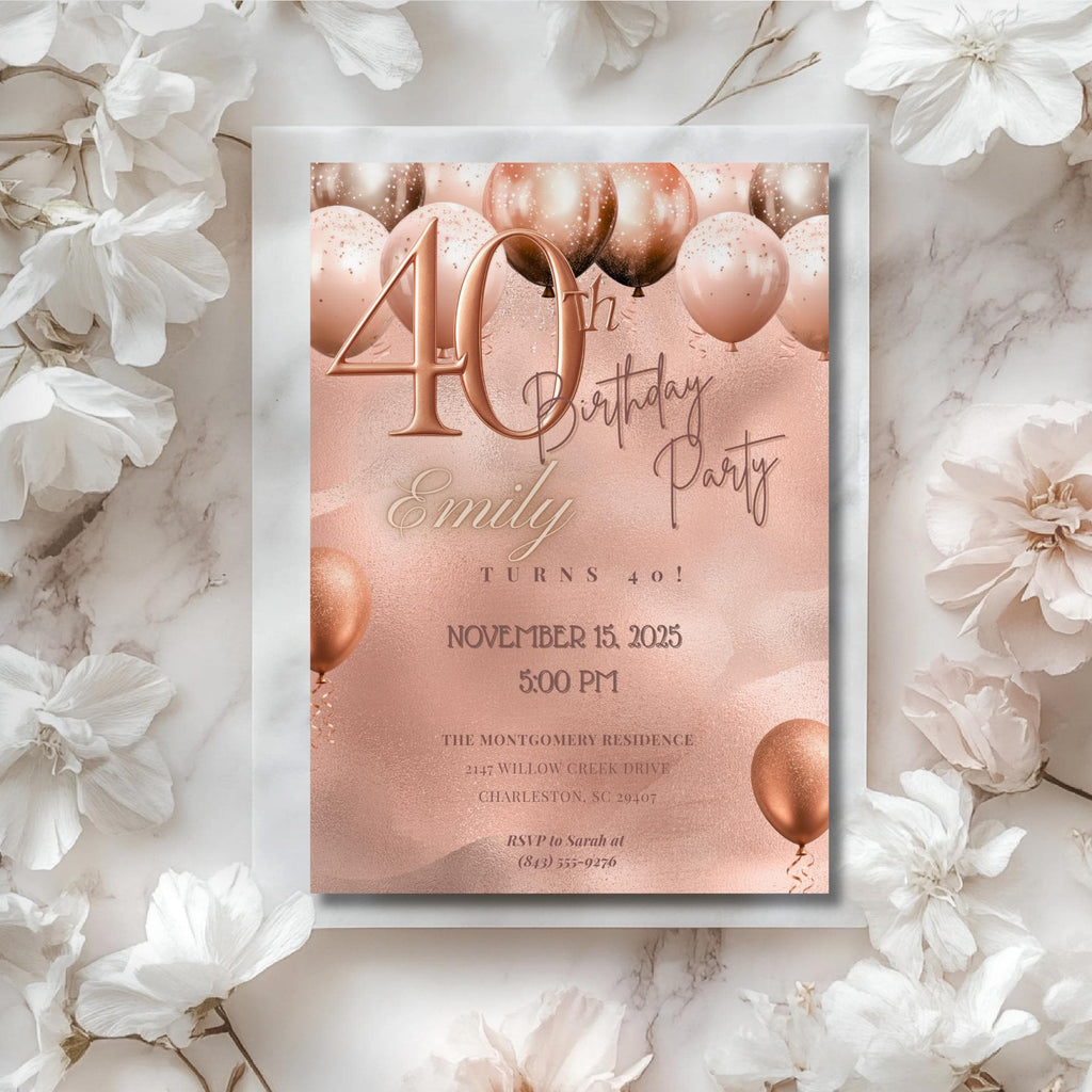 Rose Gold Balloon Birthday Invitation