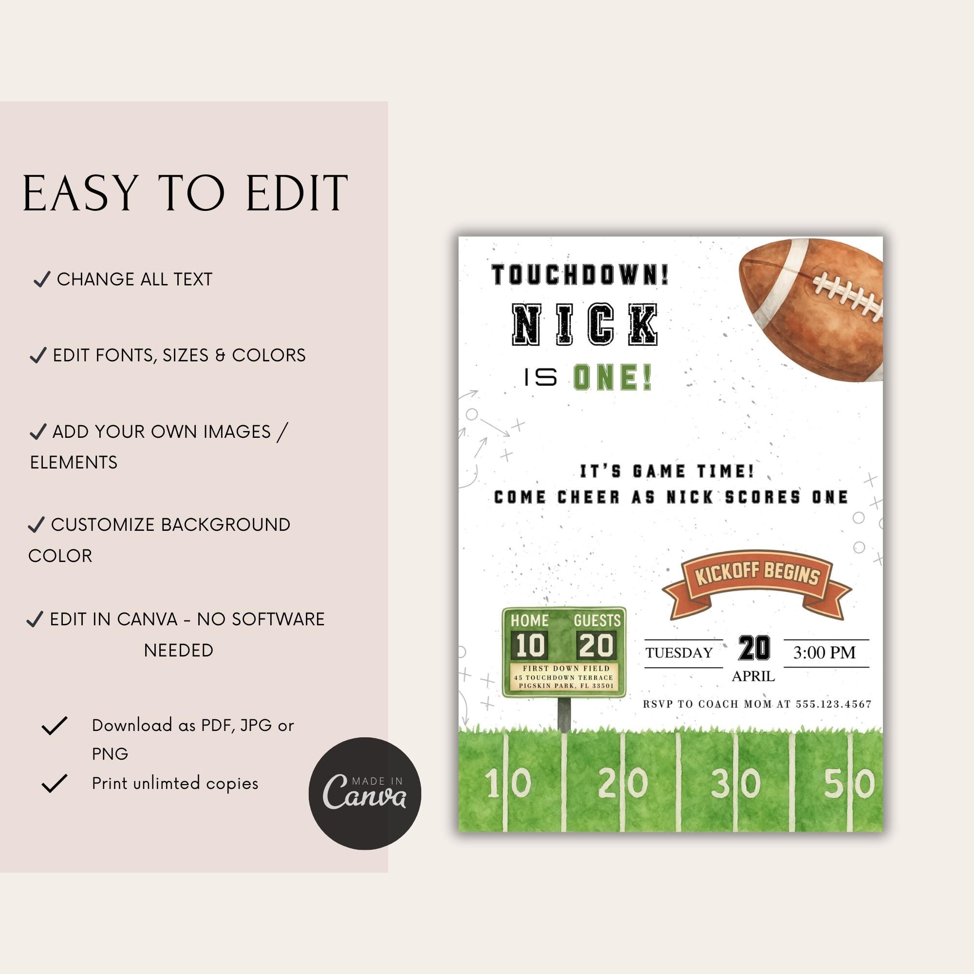 Touchdown Football 1st Birthday Invitation