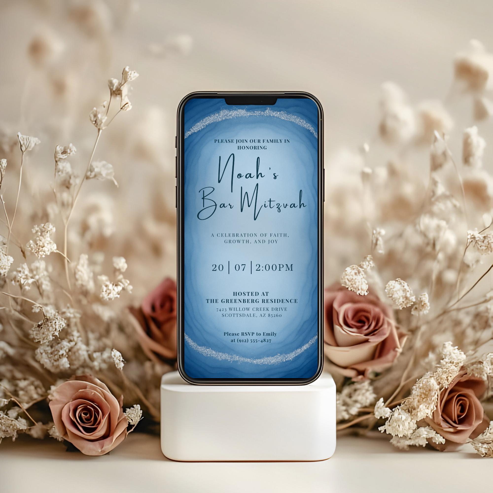 Blue Watercolor Bar Mitzvah Invitation