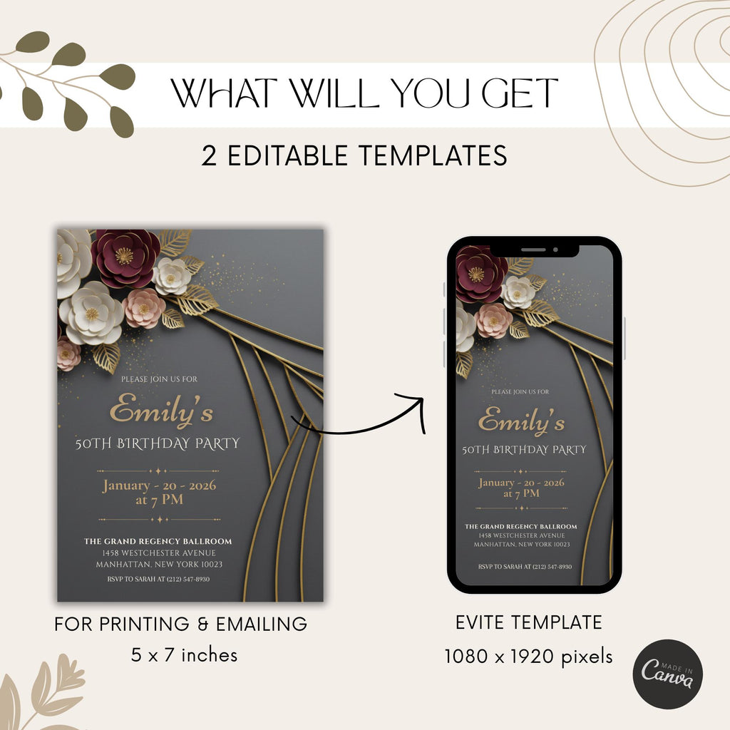 Elegant Burgundy Gold Floral 50th Birthday Invitation