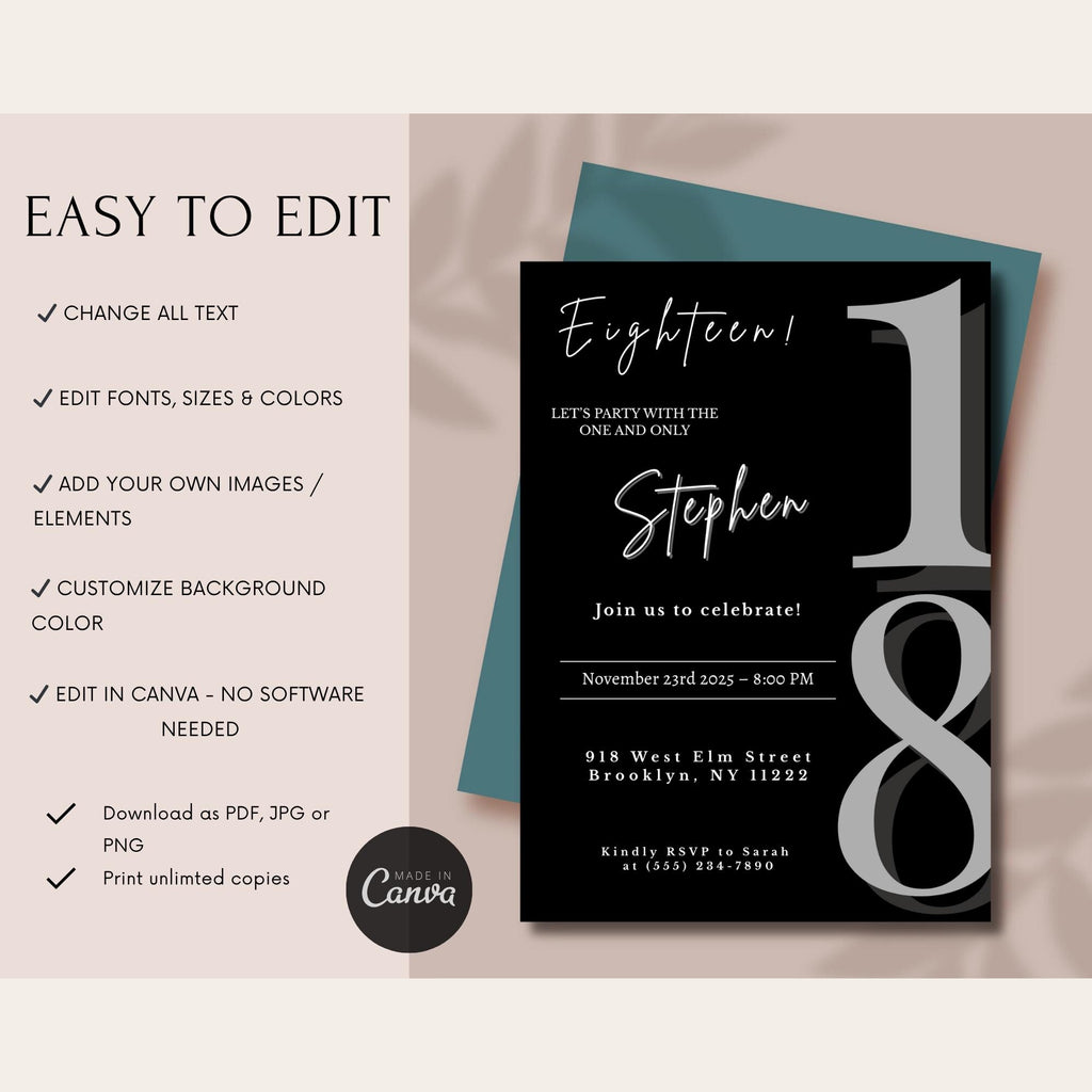Elegant Black Minimalist 18th Birthday Invitation