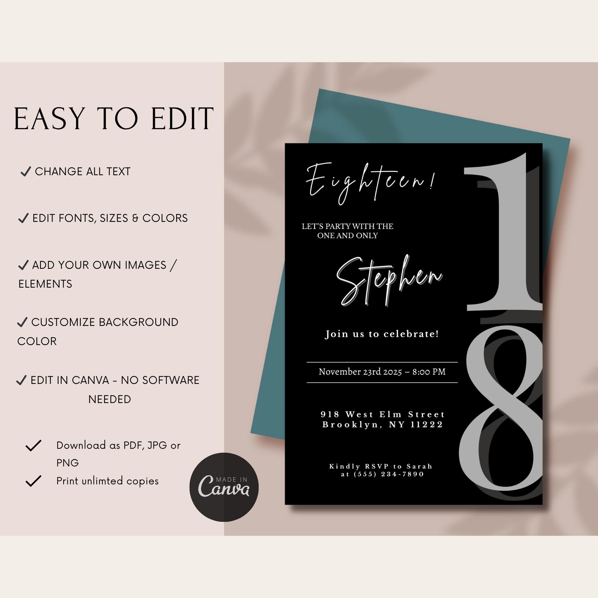 Elegant Black Minimalist 18th Birthday Invitation
