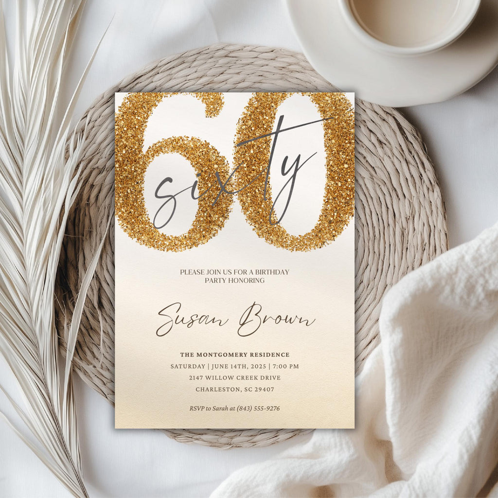 Elegant Gold Glitter Sixty 60th Birthday Invitation