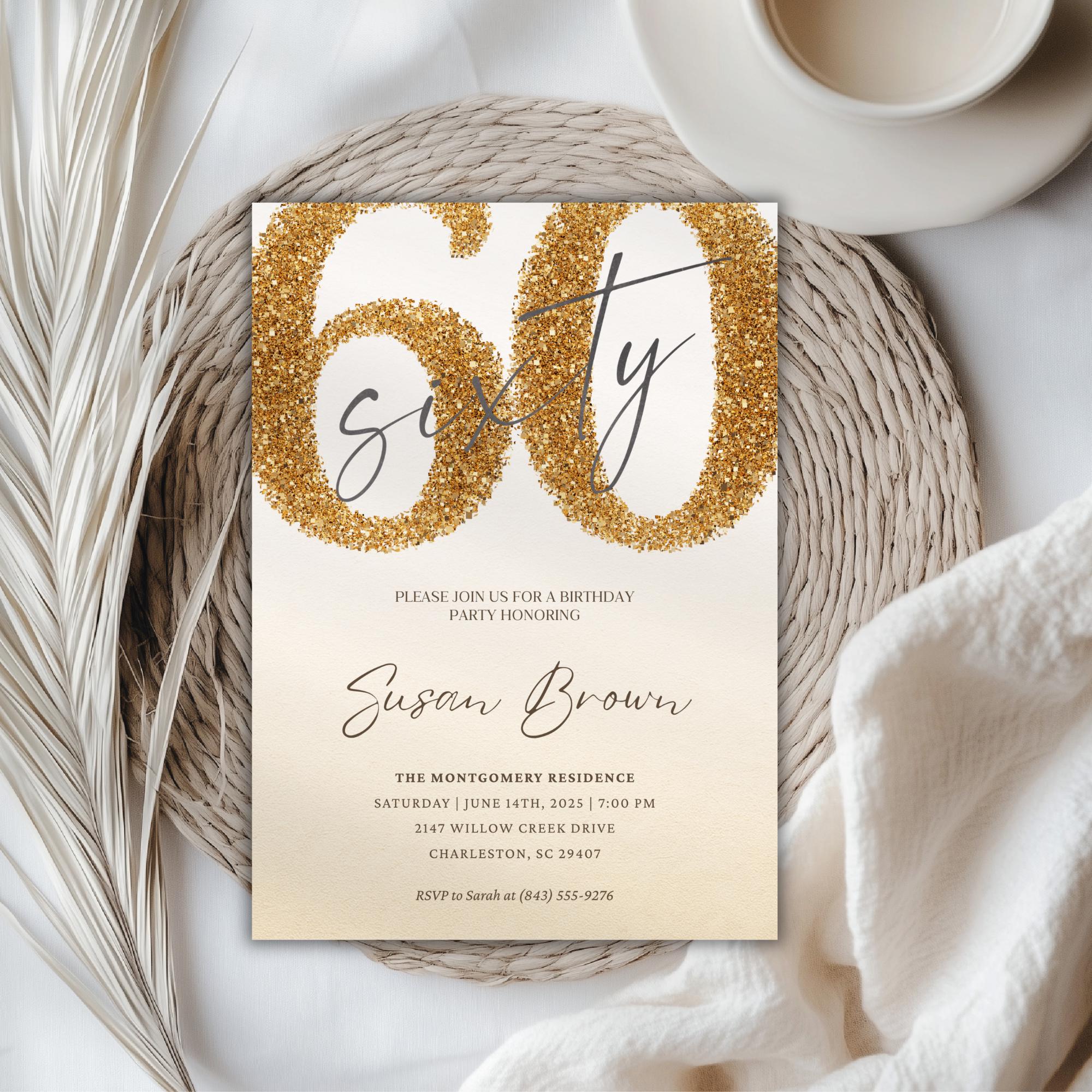 Elegant Gold Glitter Sixty 60th Birthday Invitation