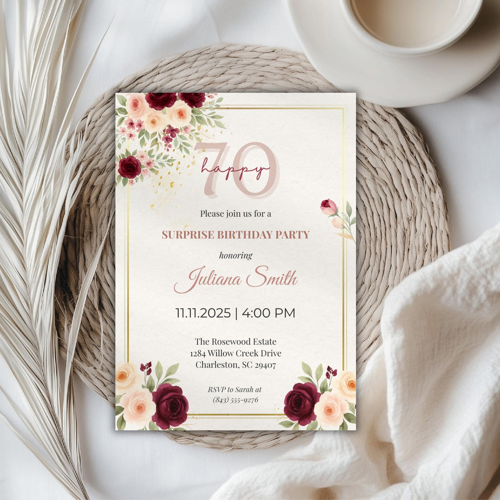 Elegant Burgundy Floral 70th Birthday Invitation