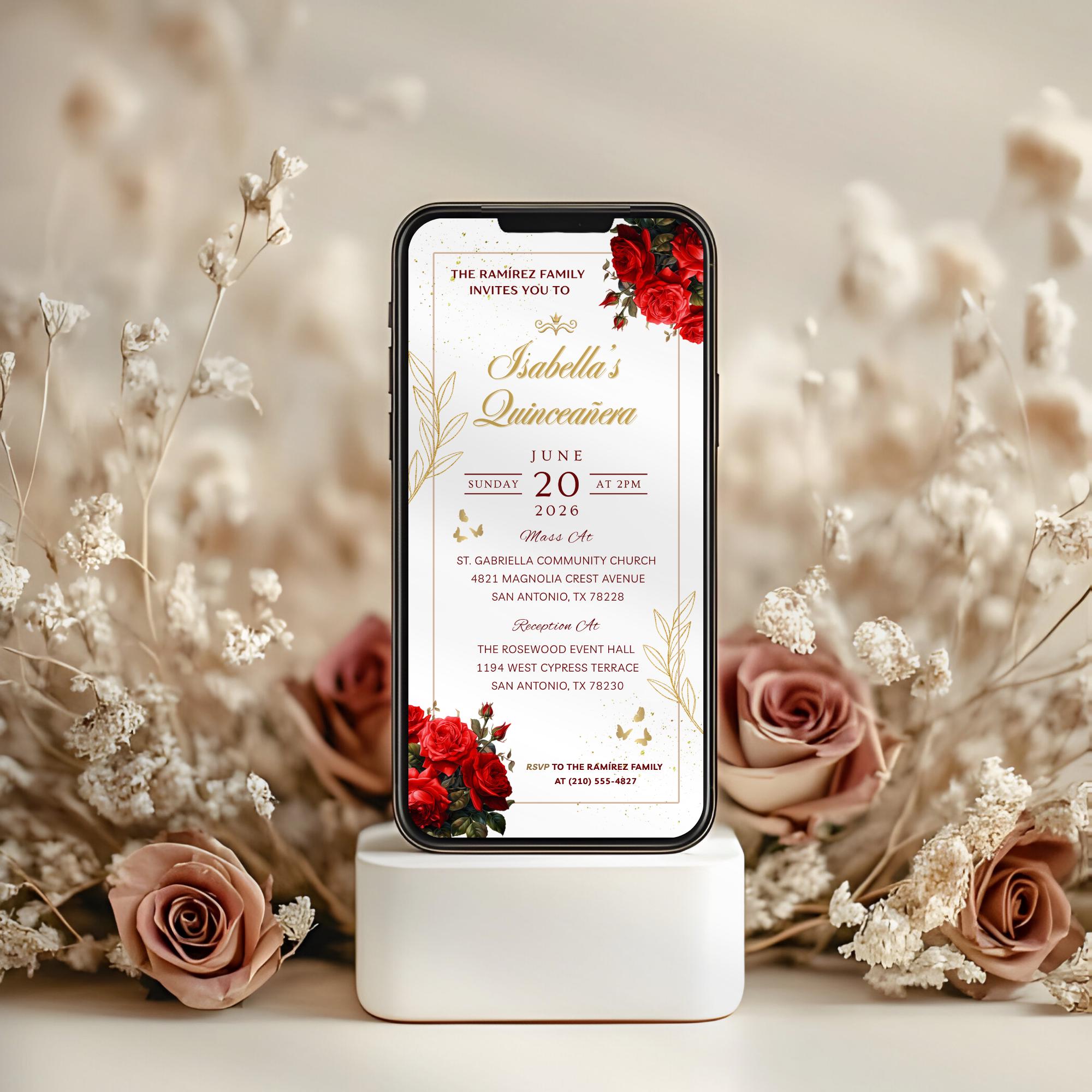 Elegant Red Rose Quinceañera Invitation