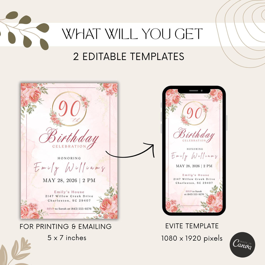 Elegant Pink Gold Floral 90th Birthday Invitation