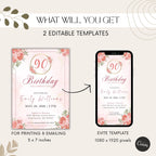 Elegant Pink Gold Floral 90th Birthday Invitation