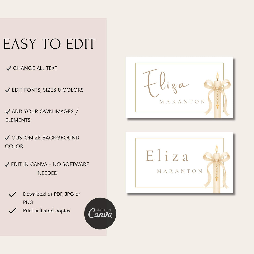 Gold Candle Baptism Place Cards