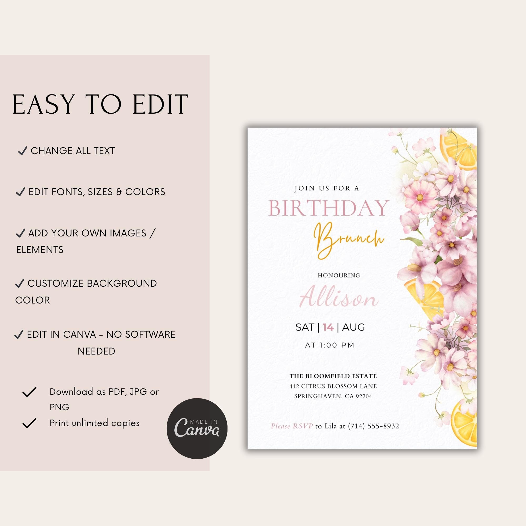 Watercolor Floral Citrus Birthday Brunch Invitation