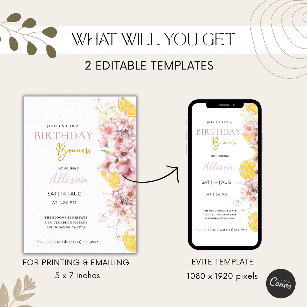 Watercolor Floral Citrus Birthday Brunch Invitation