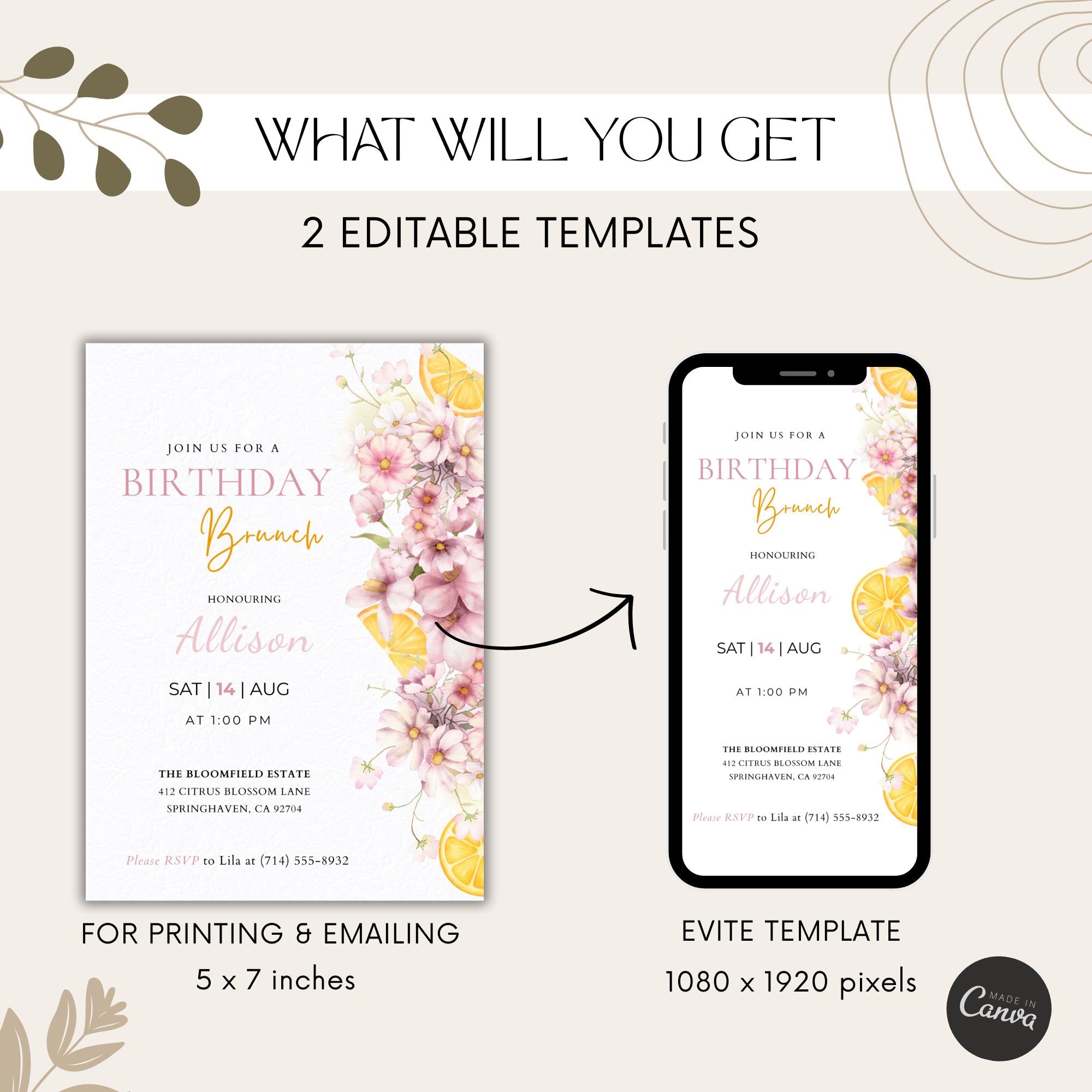 Watercolor Floral Citrus Birthday Brunch Invitation