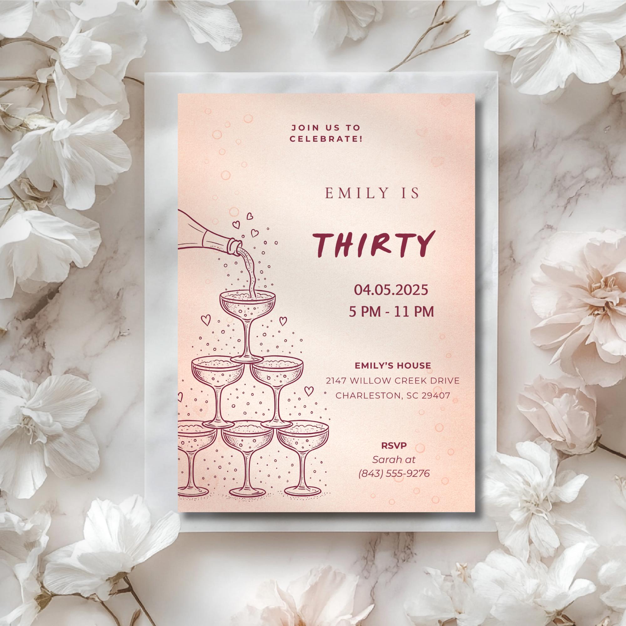 Minimalist Champagne Tower 30th Birthday Invitation