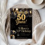Elegant Black Gold Balloon 50th Birthday Invitation