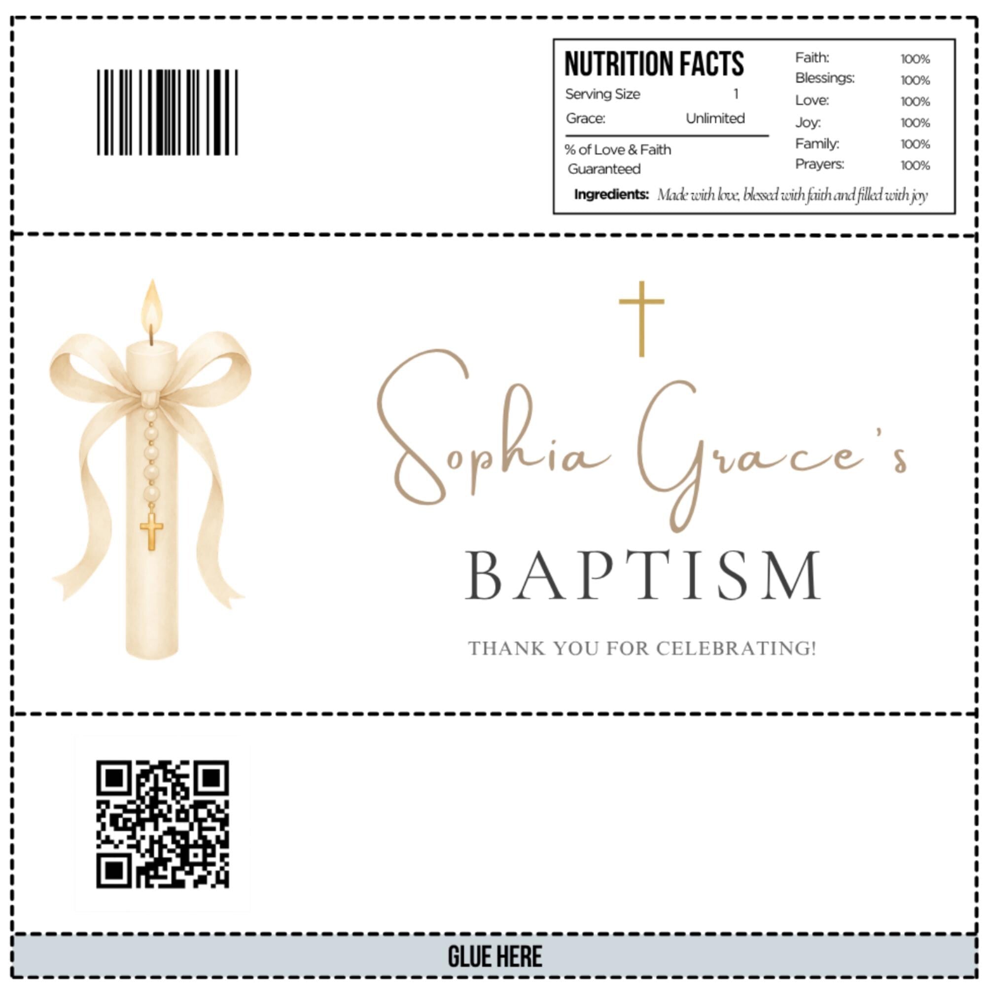 Gold Candle Baptism Chocolate Bar Wrapper