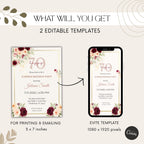 Elegant Burgundy Floral 70th Birthday Invitation