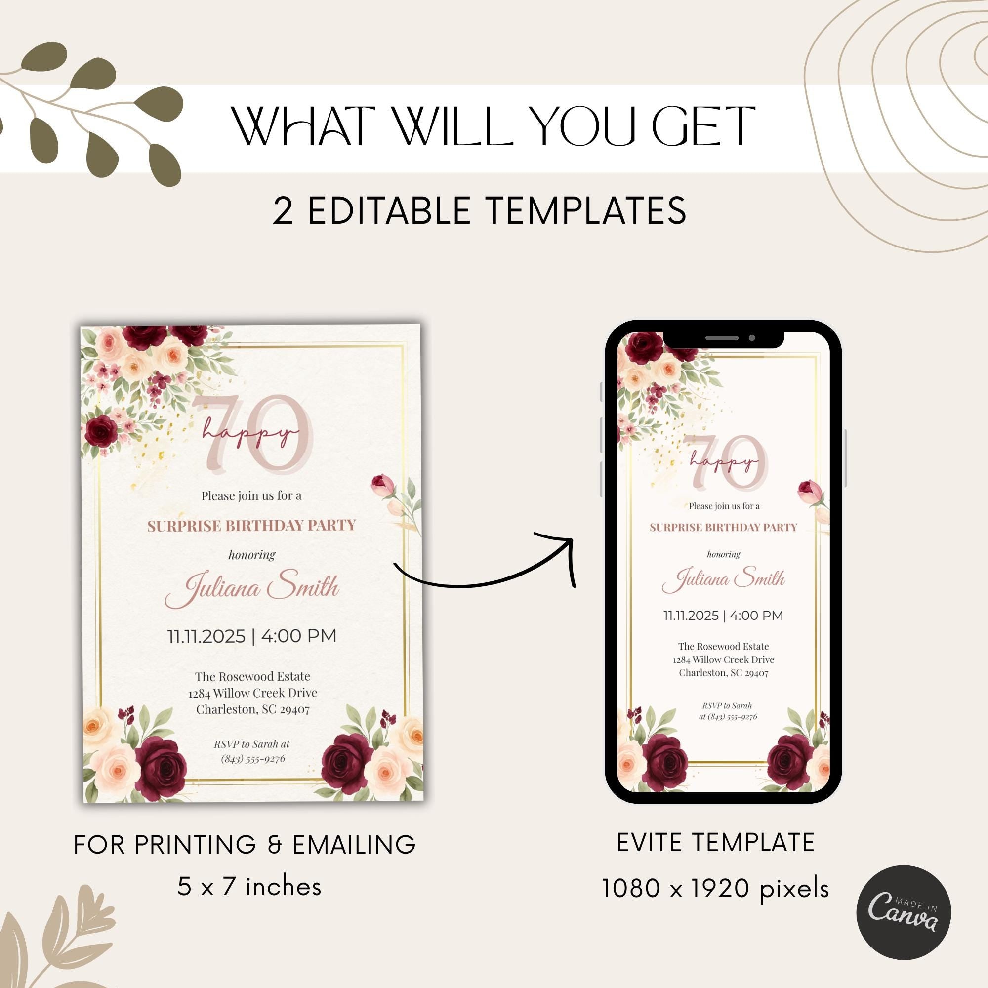 Elegant Burgundy Floral 70th Birthday Invitation