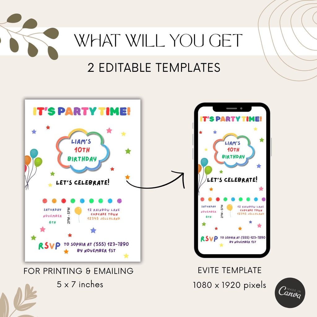 Rainbow Confetti Kids Birthday Invitation