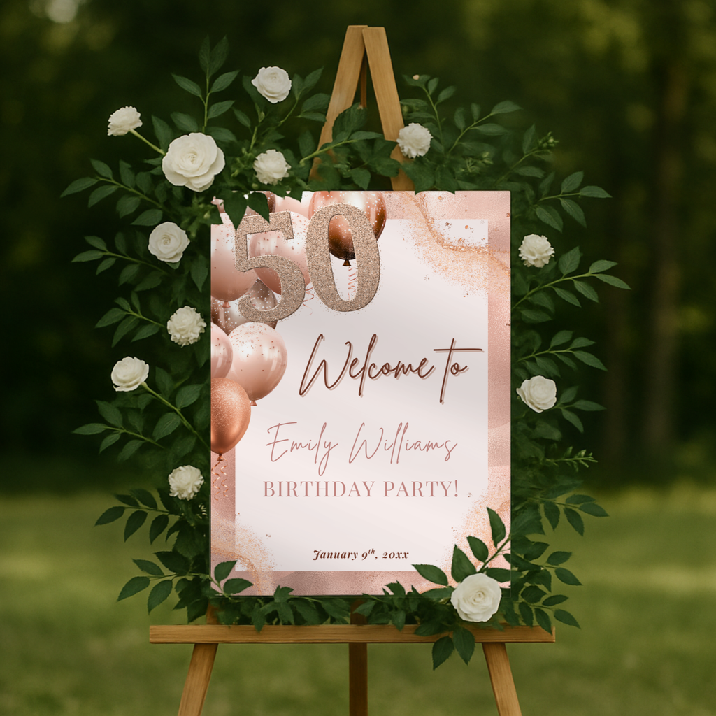 Rose Gold 50th Birthday Welcome Sign