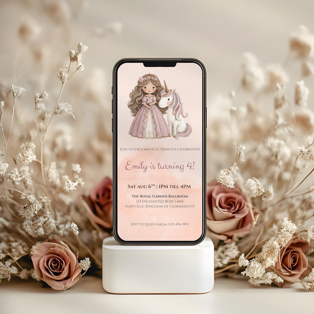 Elegant Princess Unicorn Kids Birthday Invitation