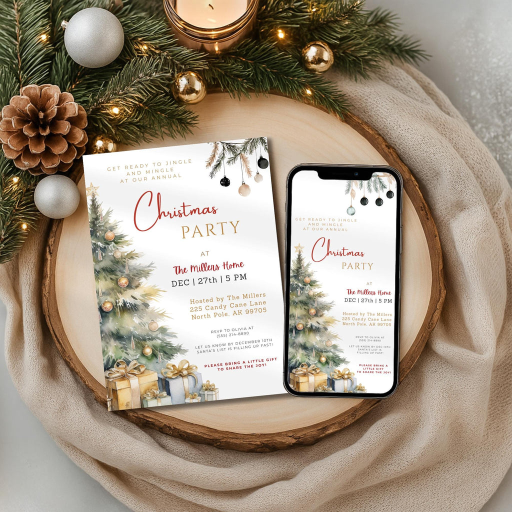 Watercolor Christmas Tree Party Invitation