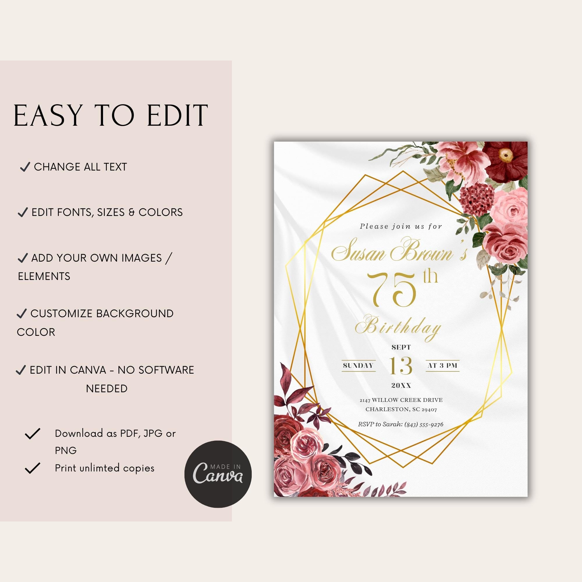 Elegant Gold Geometric Floral 75th Birthday Invitation