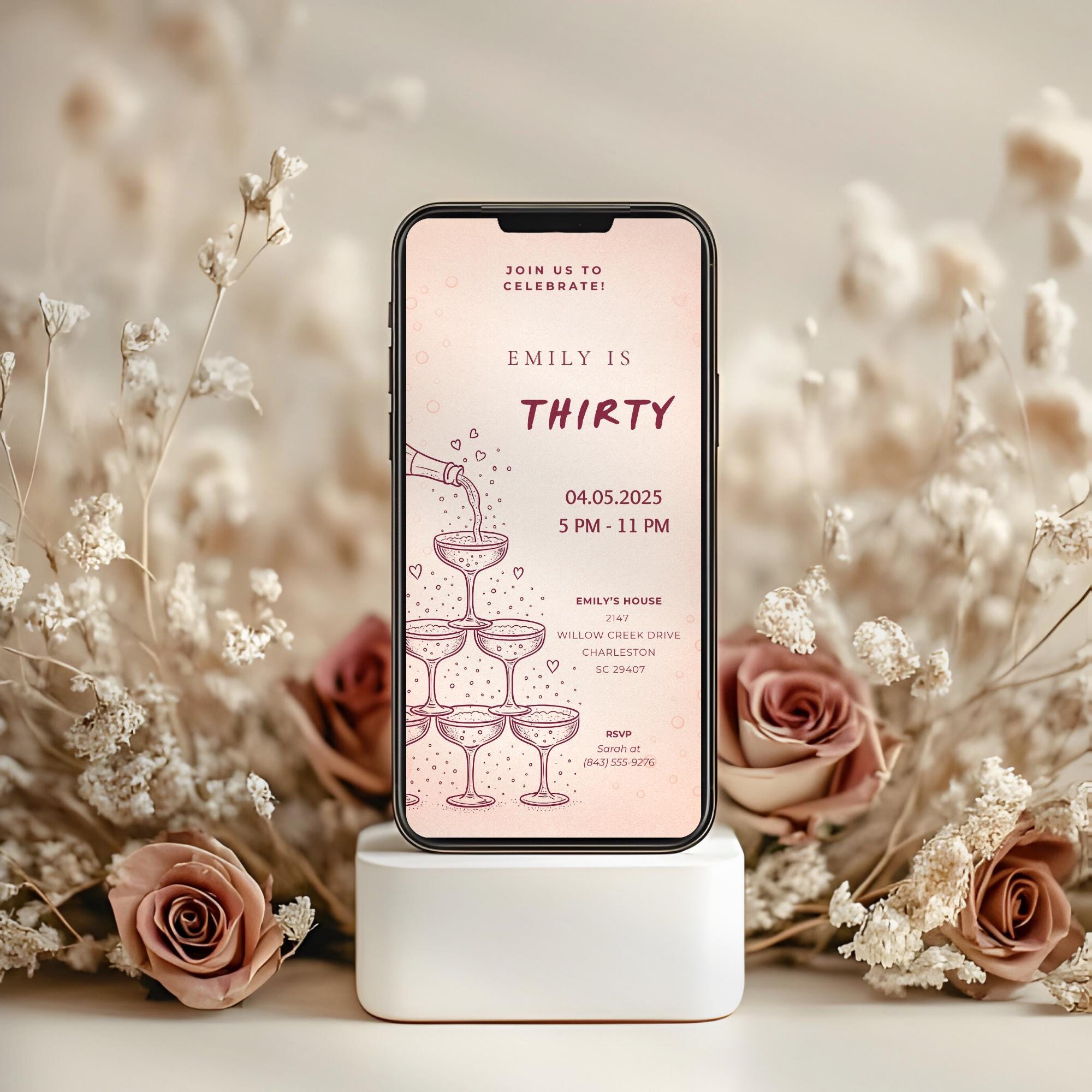 Minimalist Champagne Tower 30th Birthday Invitation