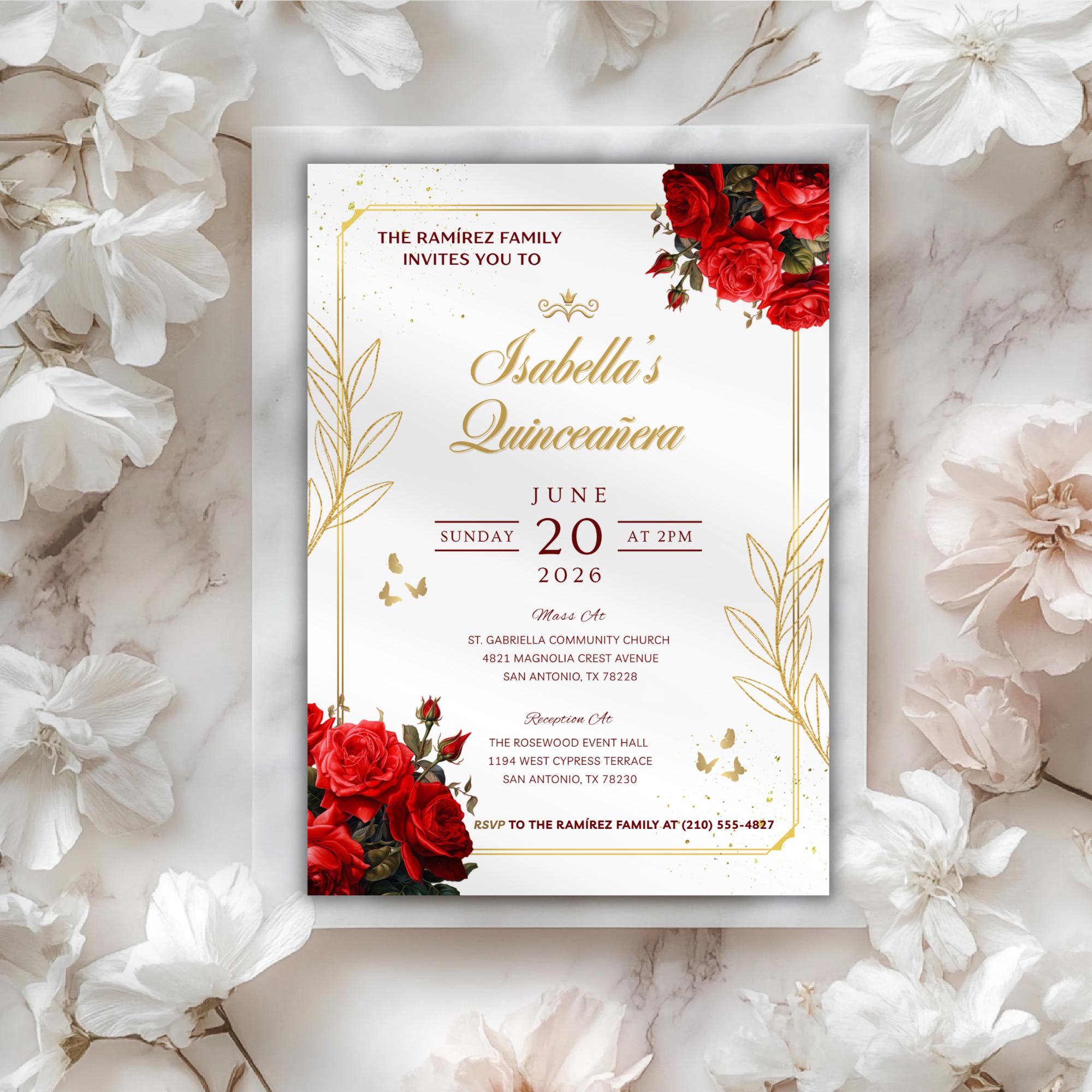 Elegant Red Rose Quinceañera Invitation