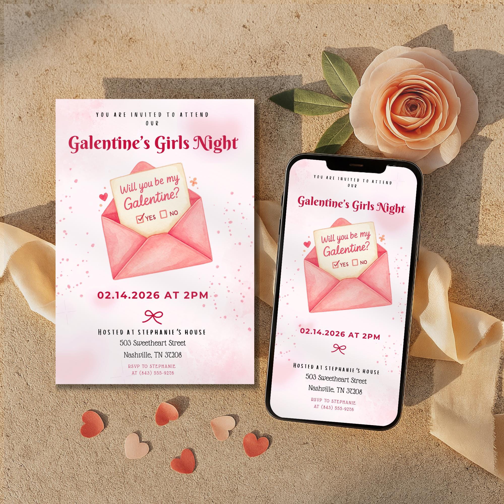 Pink Galentines Girls Night Invitation