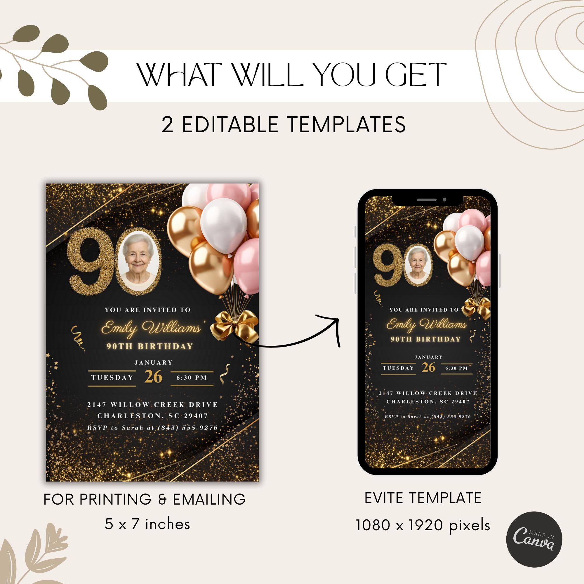 Elegant Pink Gold Balloon Photo 90th Birthday Invitation