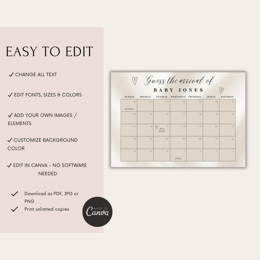 Elegant Gender Reveal Due Date Calendar