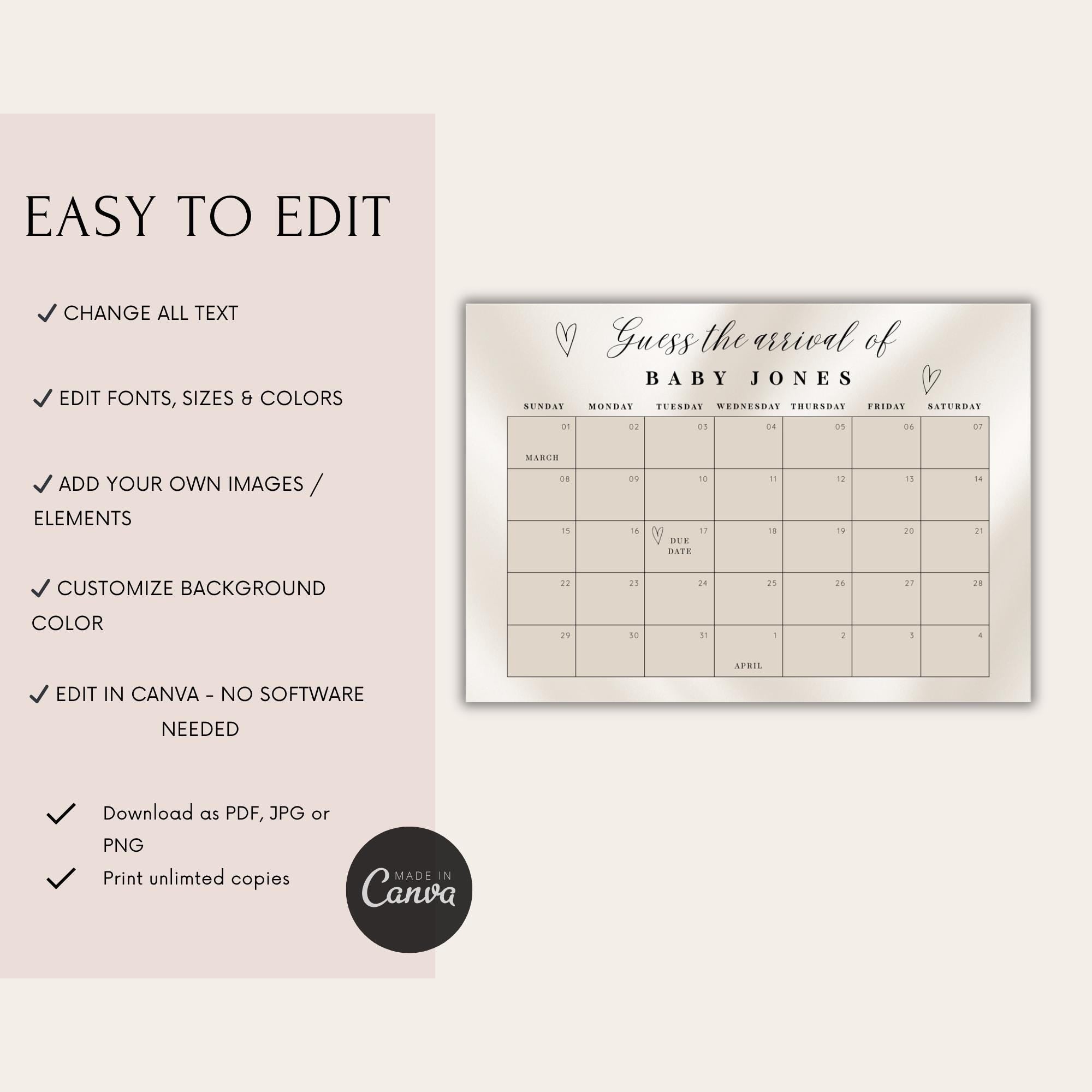 Elegant Gender Reveal Due Date Calendar
