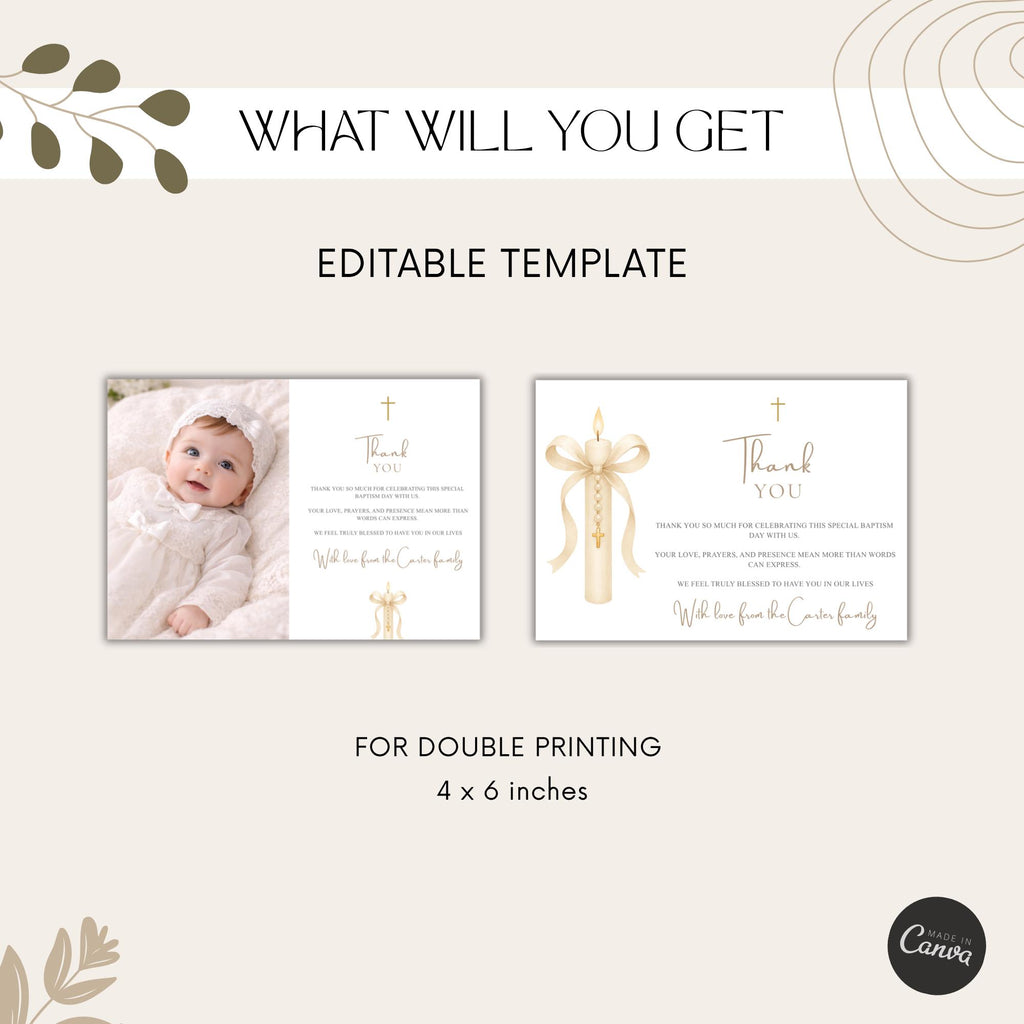 Gold Candle Baptism Photo Thank You Card