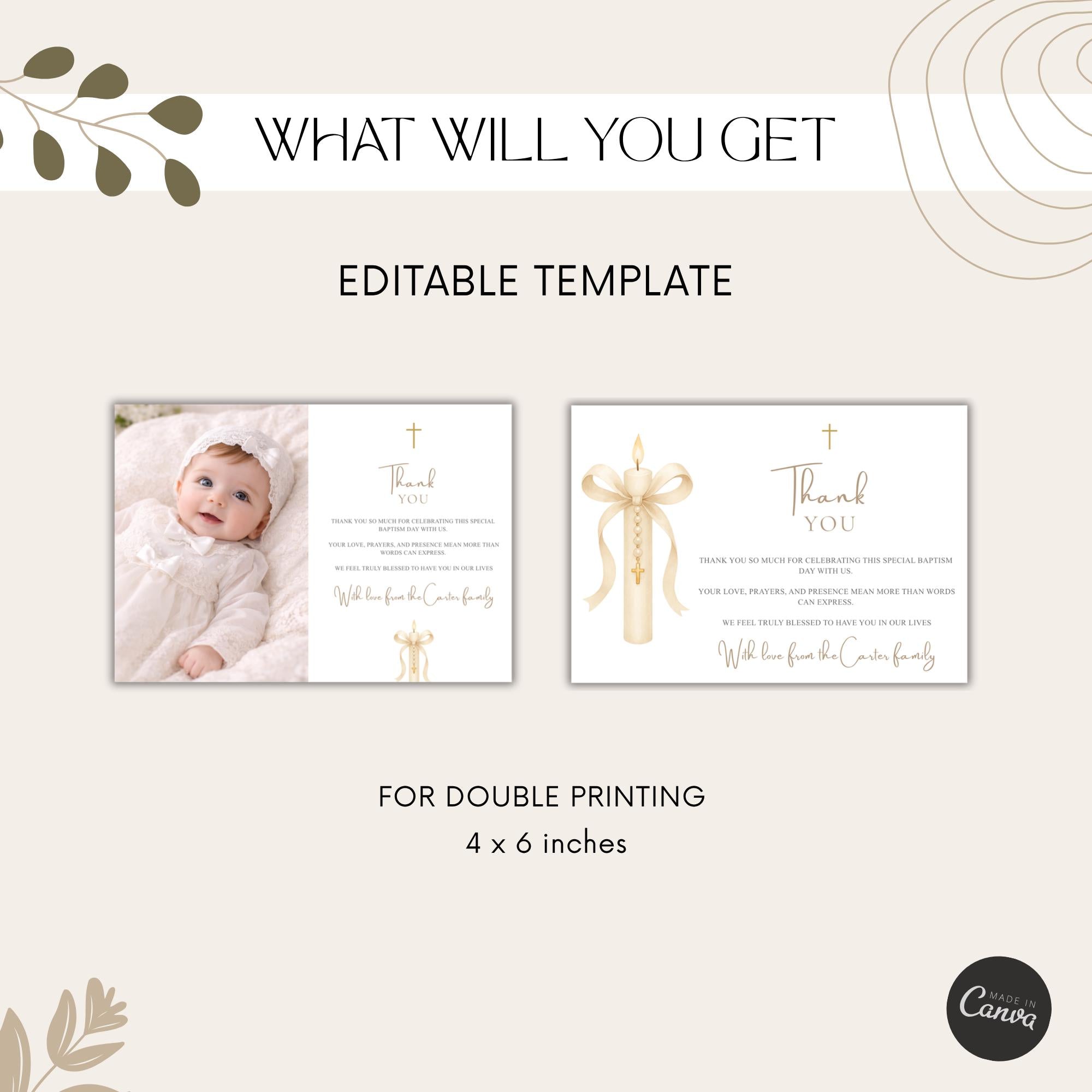 Gold Candle Baptism Photo Thank You Card