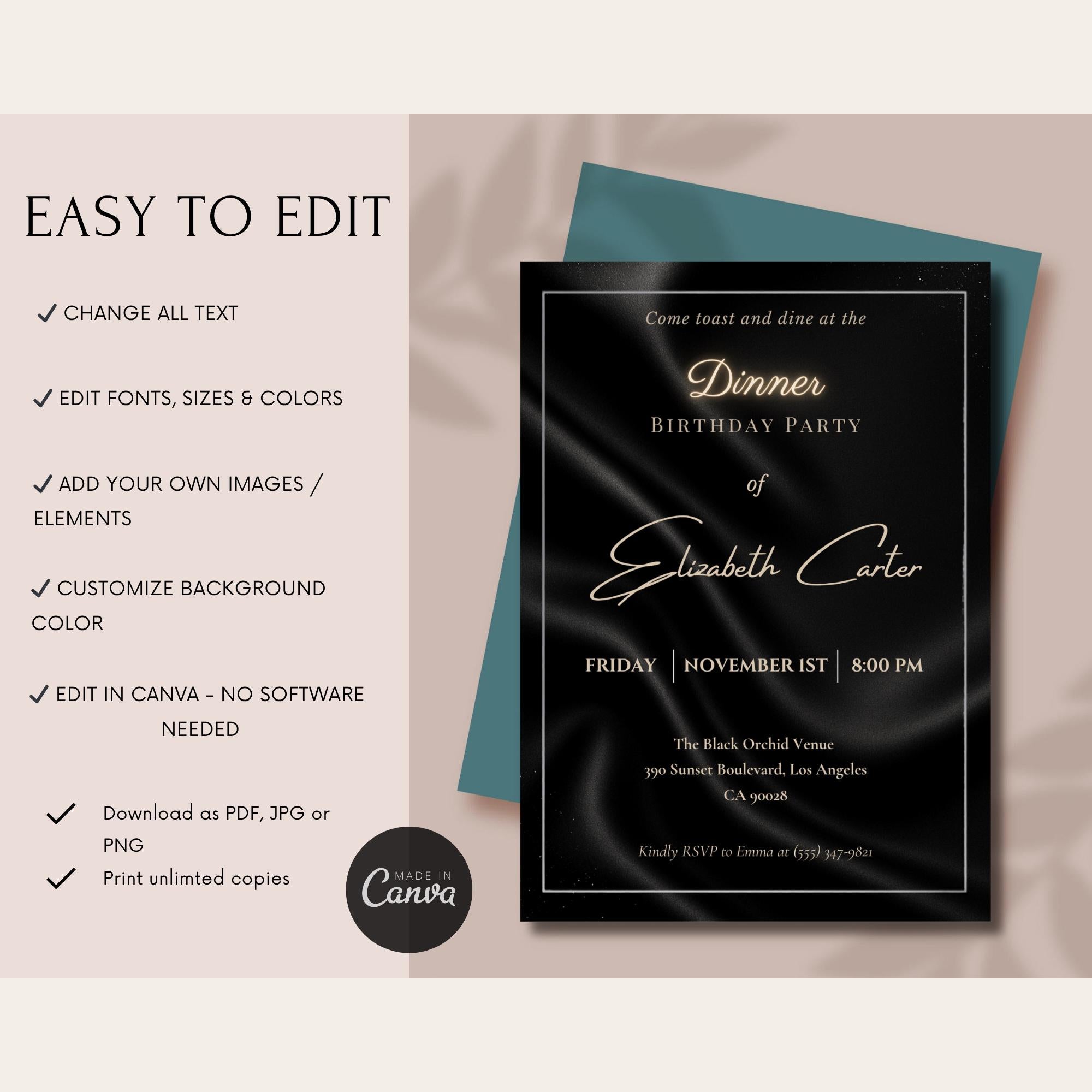 Elegant Black Satin Dinner Birthday Invitation