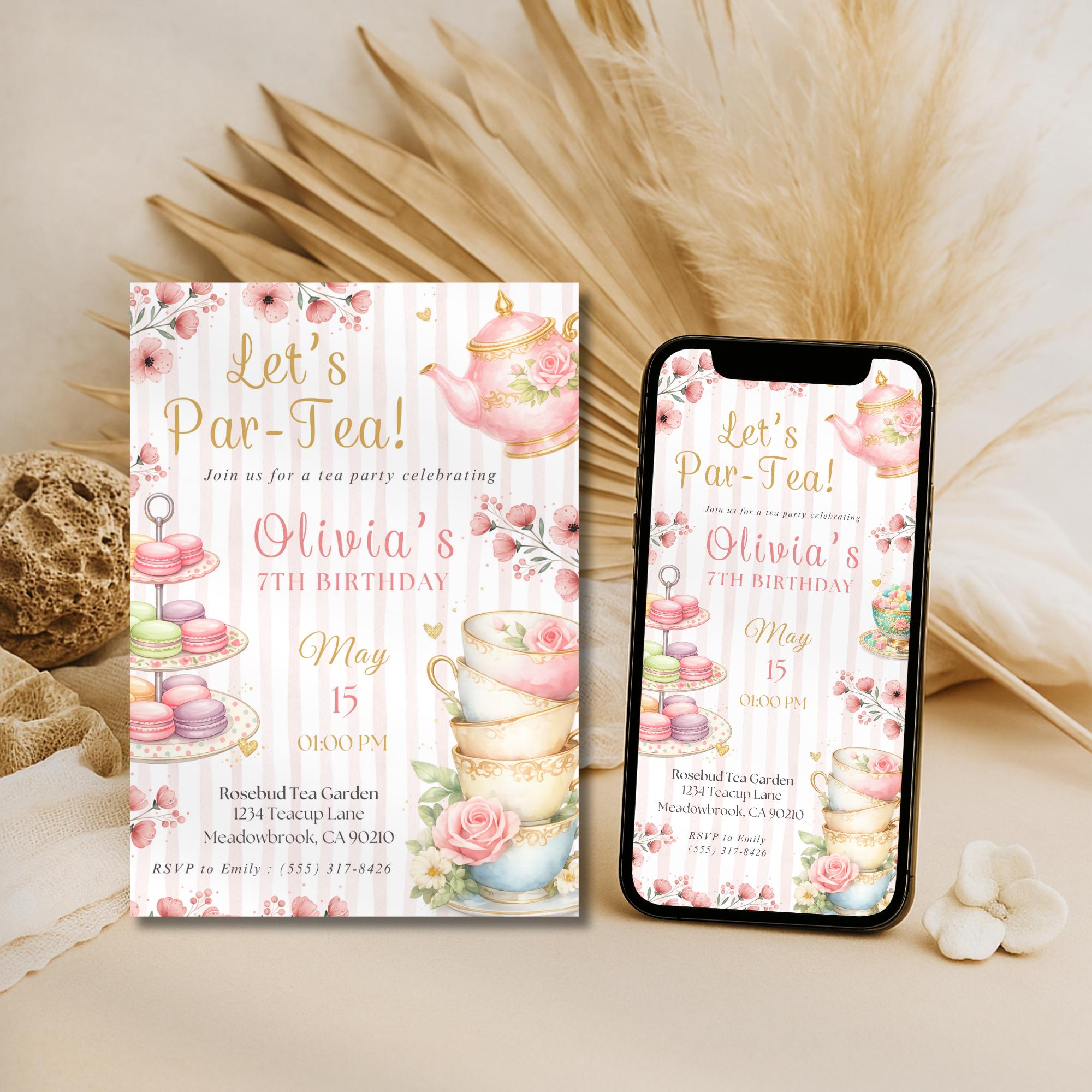 Elegant Floral Tea Party Kids Birthday Invitation