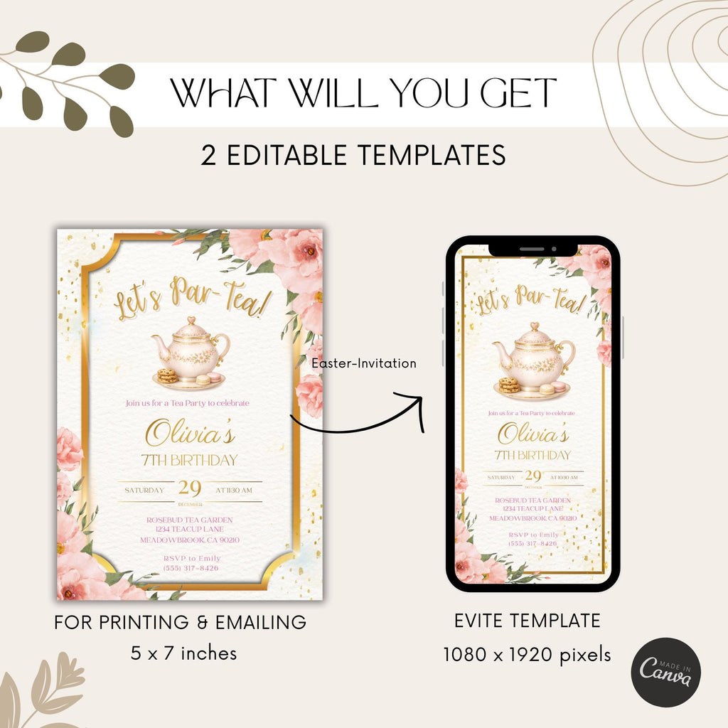 Elegant Gold Floral Tea Party Kids Birthday Invitation