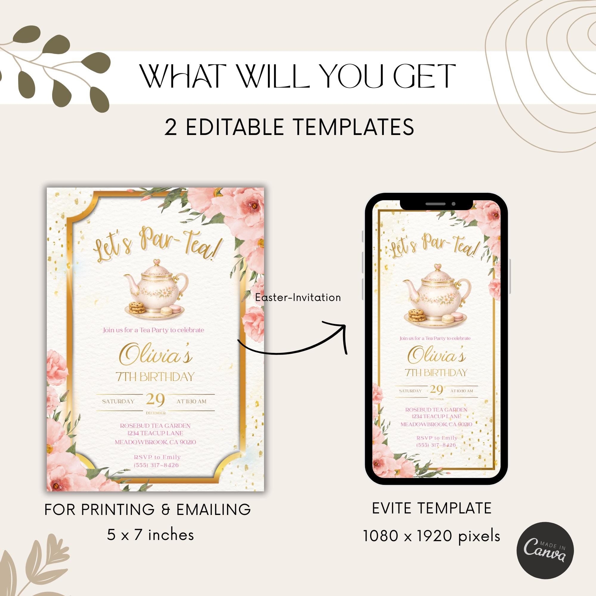 Elegant Gold Floral Tea Party Kids Birthday Invitation