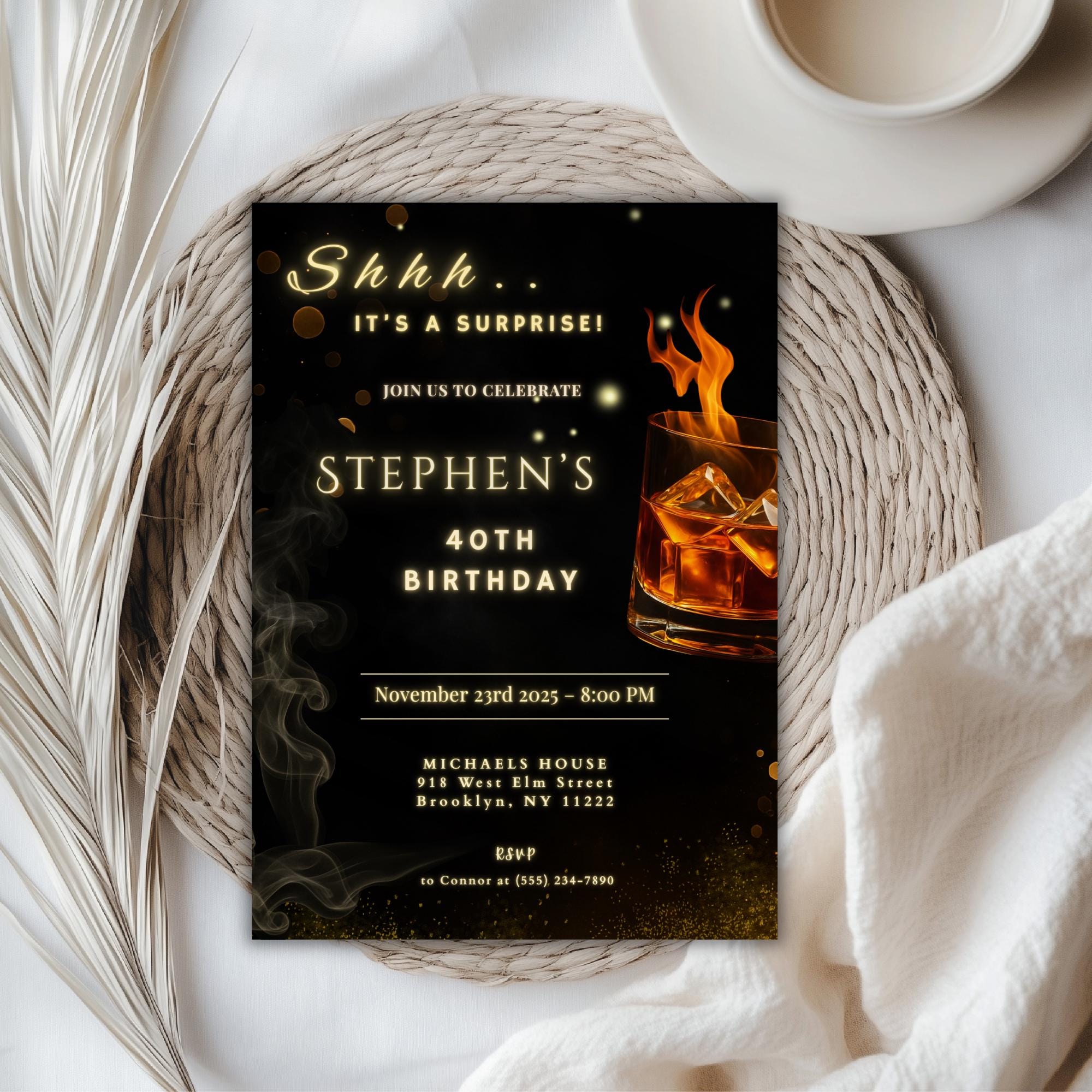 Elegant Whiskey Glow 40th Birthday Invitation