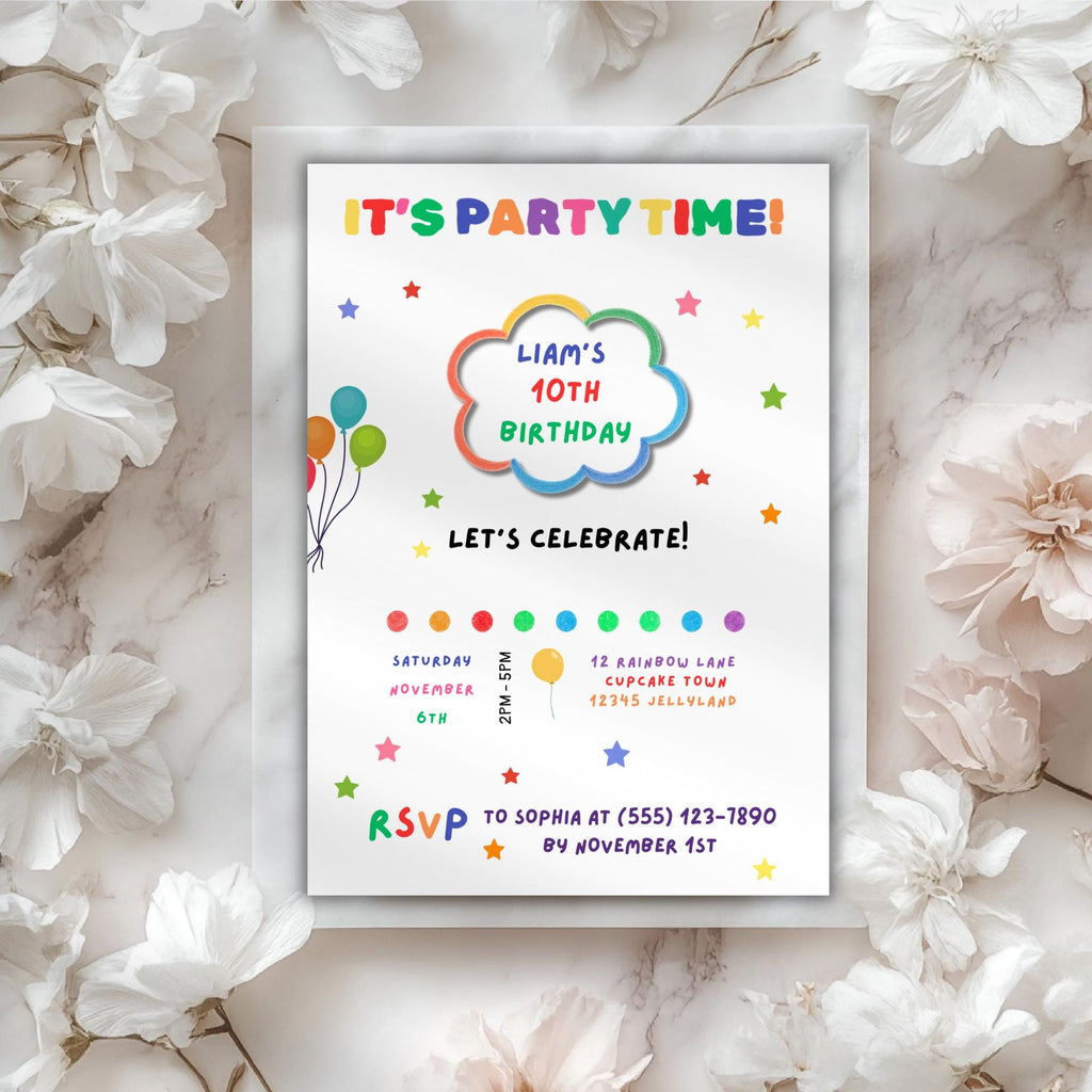 Rainbow Confetti Kids Birthday Invitation