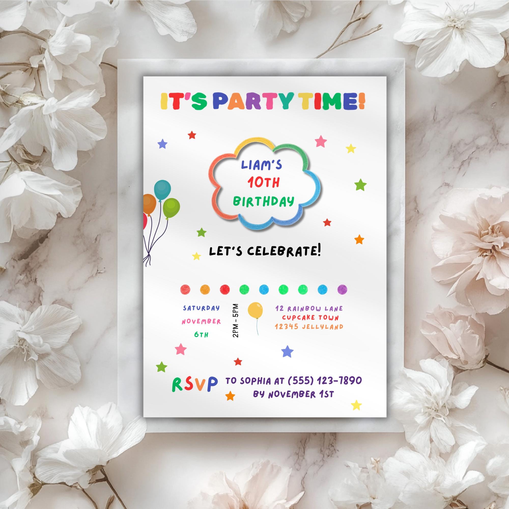 Rainbow Confetti Kids Birthday Invitation