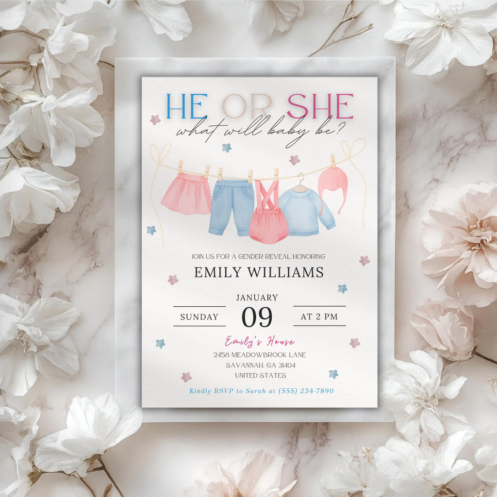 He or She Baby Clothes Gender Reveal Invitation